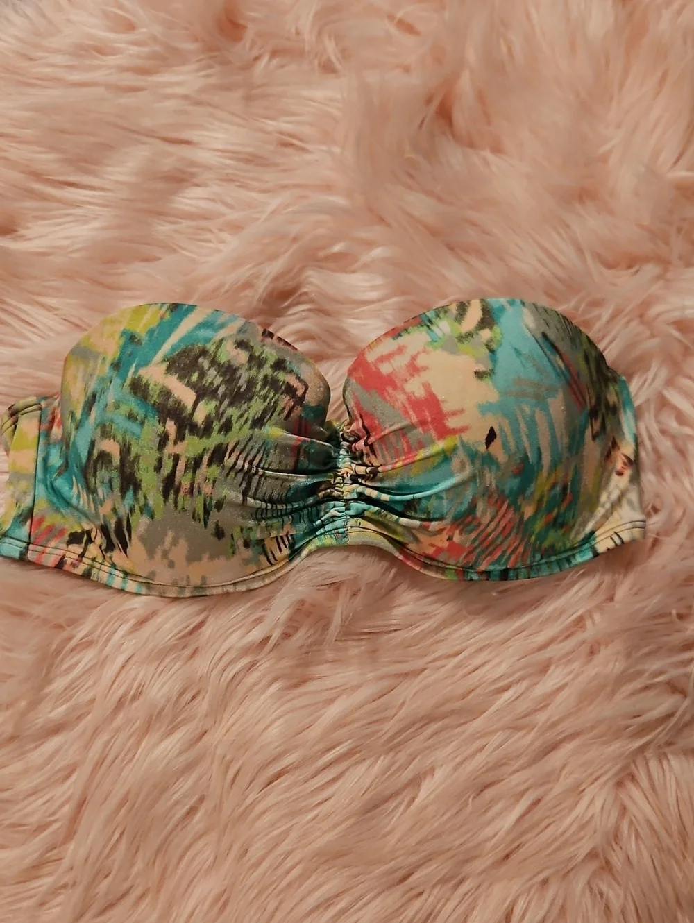 Vintage 2014 VS Tropical Watercolor Push Up BeachBandeau Ribbon Strapless Bikini